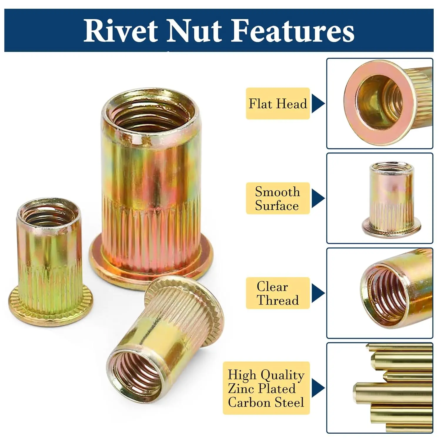 Picture 4: Metric Rivet Nut Assortment Kit(170 Pcs) M3 M4 M5 M6 M8 M10 M12 Flat Head Rivnut Set,Zinc Plated Finish Carbon Steel Nutsert