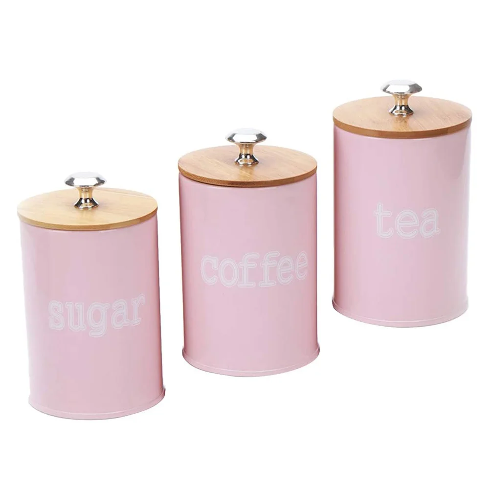 

3Pcs Food Storage Jars Pink Airtight Bamboo Lids Kitchen Container Tea Coffee Candy Decorative Grain Canister