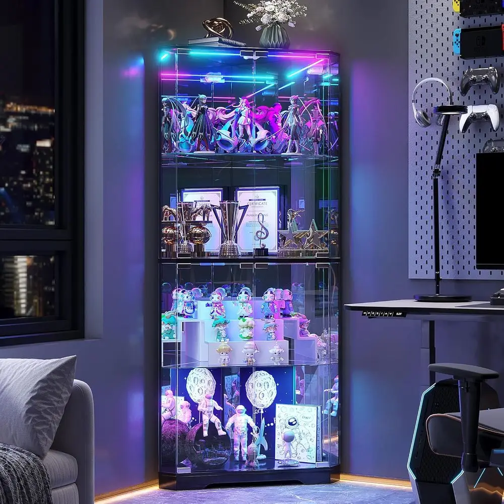 64.7 Tall Glass Curio Cabinet with RGB Lights, 4-Tier Display Case for Collectibles, Toys, Books - Black