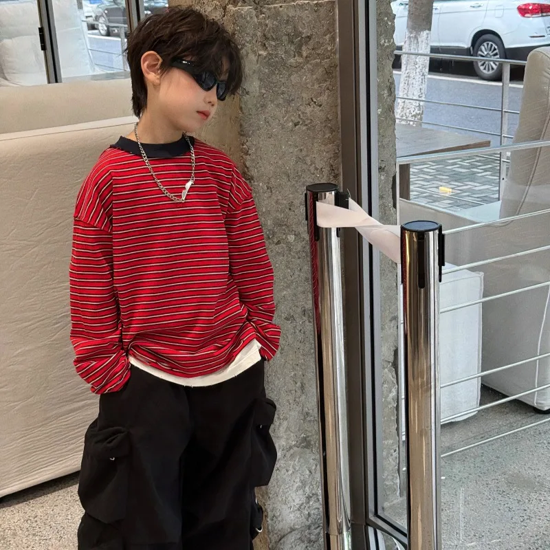 Boys T-shirt 2025 Autumn Spring Korean Style Fahion Trendy Casual Loose Red Striped Long Sleeve Versatile Base Layer Top