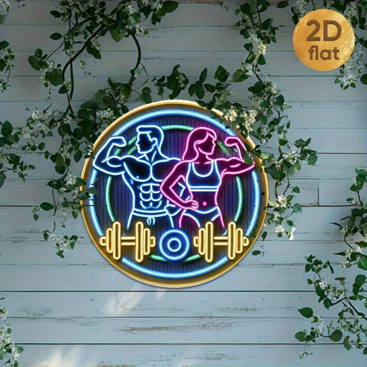 2D Flat Design, 1pc of Round Weightlifting Neon Sign - Male And Female Weightlifter Design, Durable Iron Metal Gym Decoration, w