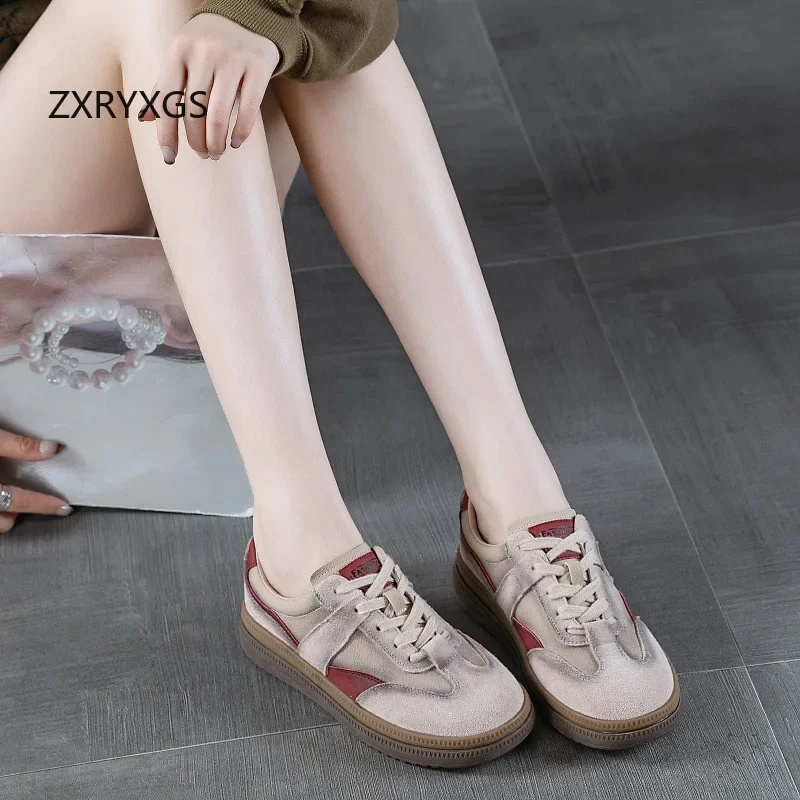 ZXRYXGS 2024 Premium Cow Sude Spell Color Splicing Women Genuine Leather Sneakers Flat Sole Comfortable Casual Sneakers Tide