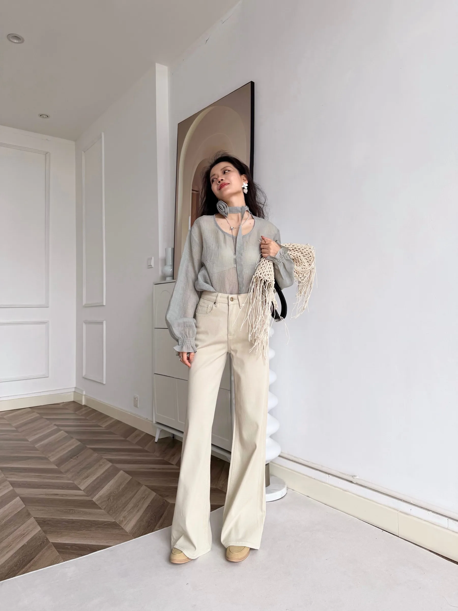 

Джинсы с высокой талией цвета абрикоса из шелковистого микроденима, женские, эластичные, мягкие, хлопковые, для лета, осени и зимы