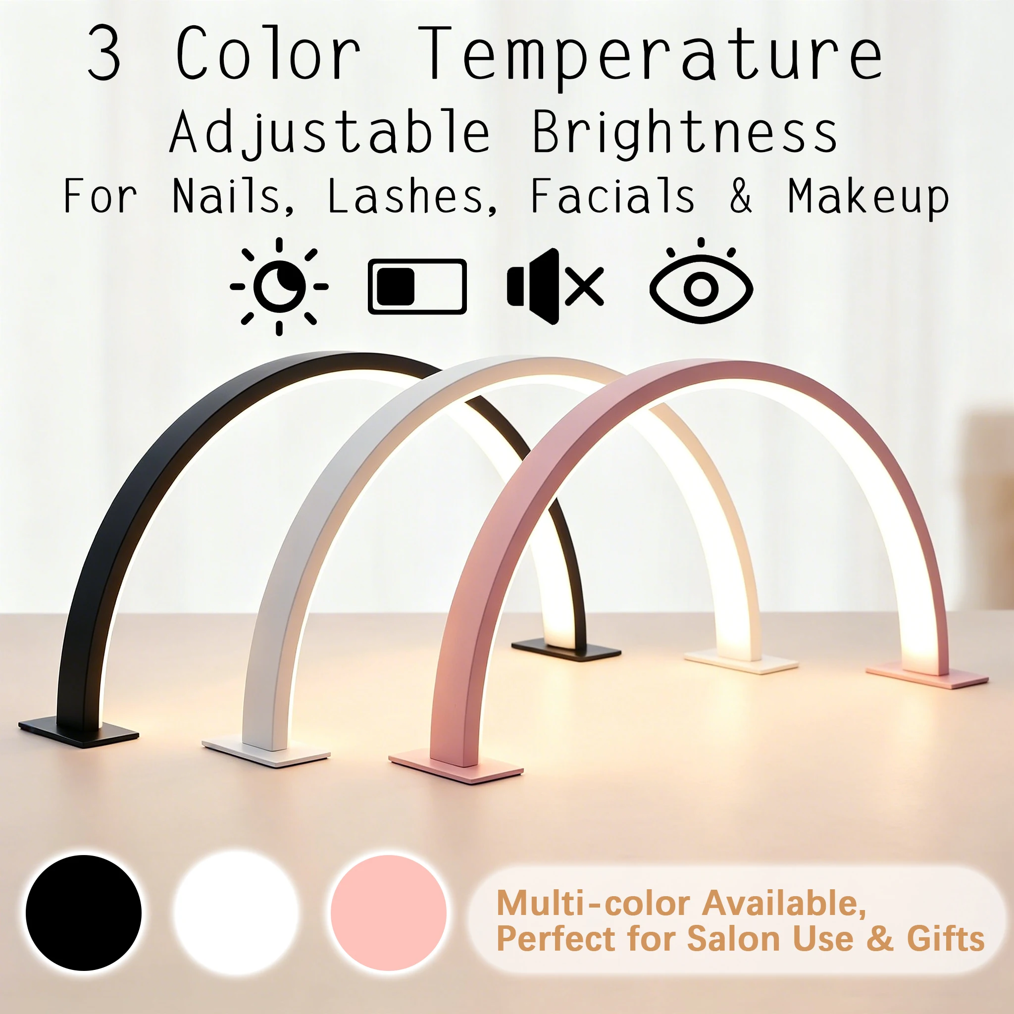Halbmond-Nagellampe mit 3 Farbtemperaturen, dimmbare LED-Bogenlampe, blendfreie Augenschutz-Schönheitslampe für Nagelkunst und Wimpernverlängerung