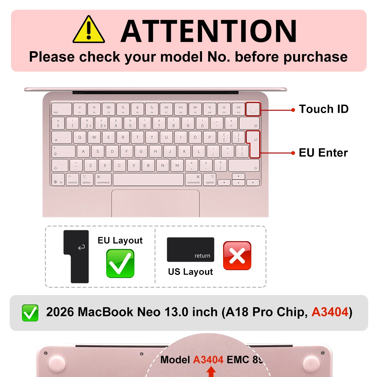 English Solid Colors Keyboard Cover for MacBook Neo 13 inch (A18) Pro 2026 Release Model A3404 512GB With Touch ID, EU Layout