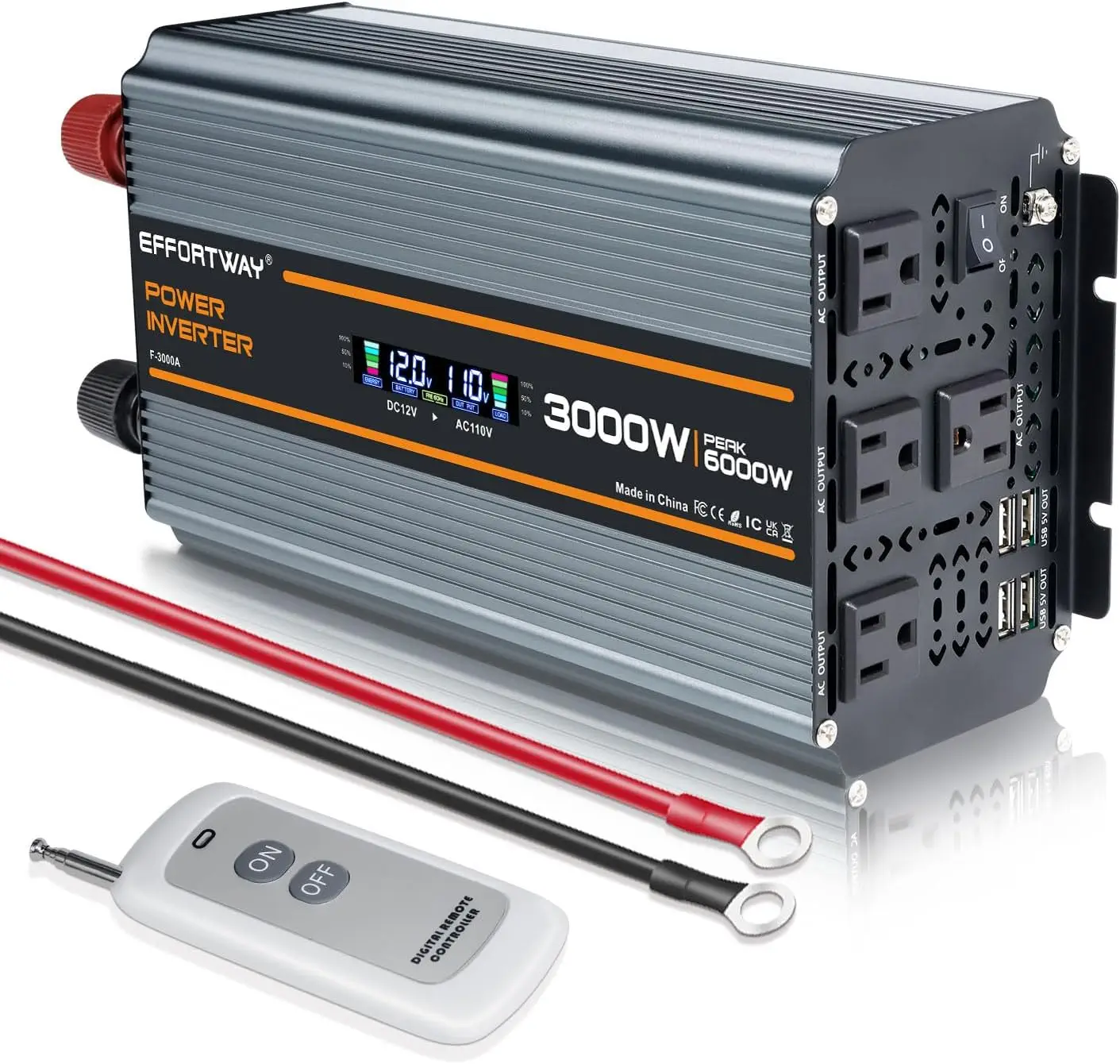 

3000 watt Power Inverter DC 12V to AC 110V/120V Converter,6000w Peak.Comes with LCD Display,Wireless Controller,4AC outlets,4