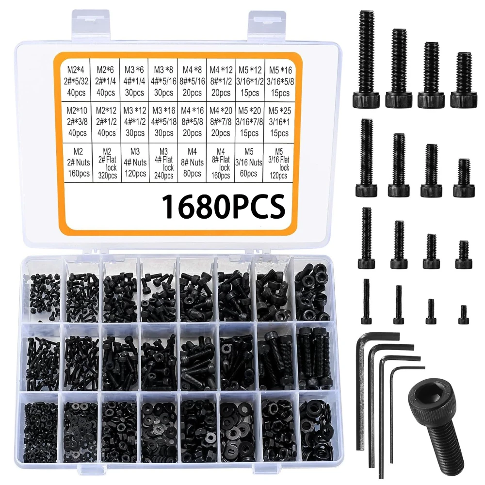 1680pcs 12.9 Grade Black Cup Head Hexagon Socket Screws Set Carbon Steel Screws and Nuts M2 M3 M4 M5 Nut Bolt Washer with Wrench
