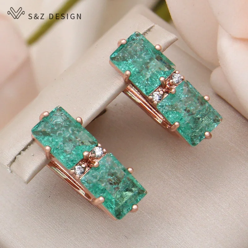 S&Z DESIGN New Fashion 585 Rose Gold Color Rectangle Ice Crack Crystal Drop Earring For Women Wedding Cubic Zirconia Jewelry