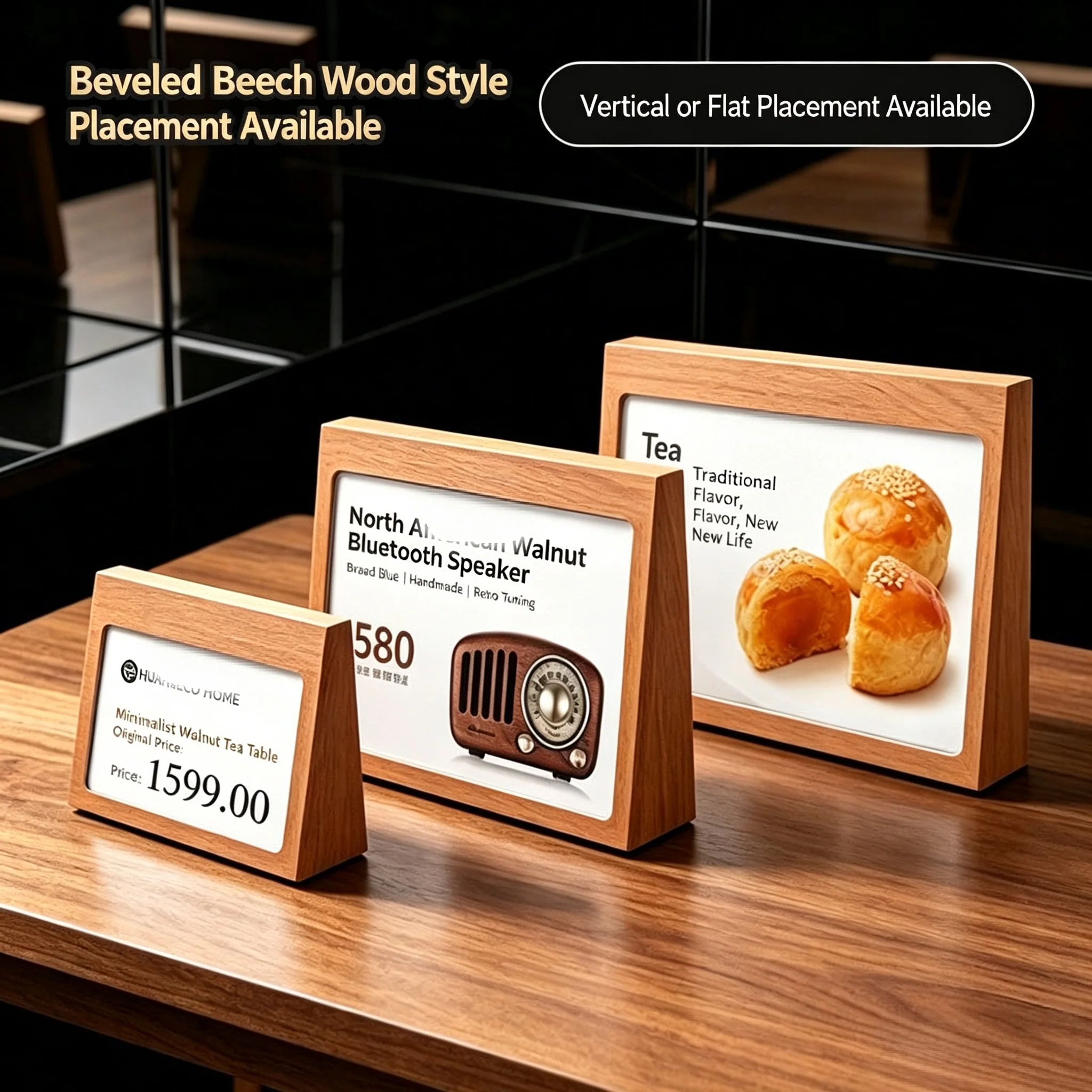 5 Pieces 90x54mm Solid Beech Wood Price Card Holder Slant Back Desktop Acrylic Sign Holder Display Stand Label Holder Frame