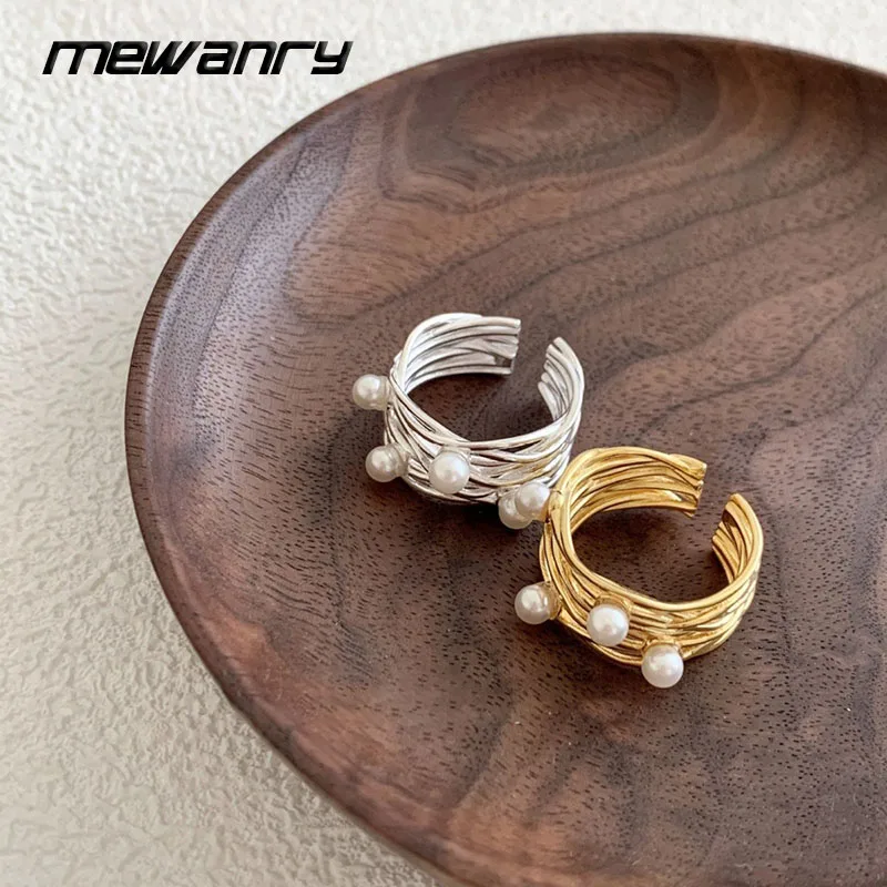 Mewanry, anillos abiertos de perlas enrolladas de líneas multicapa para mujer, joyería ajustable de moda industrial pesada, regalo, anillos de boda para fiesta