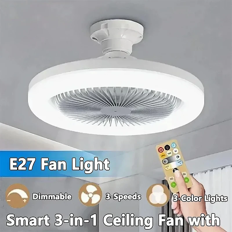 E27 Ceiling Fan Light with Remote, 3-Color Dimmable LED Pendant Lamp