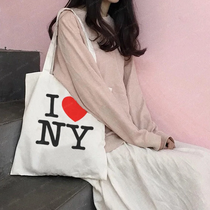 I Love NY shopping bag Cute Print Canvas Women's City Walk tote reusable bag Harajuku Shoulder Bag Fairy Large Capacity Bookbag