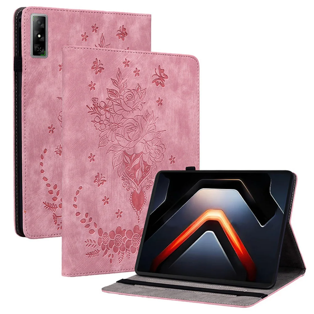 

For Infinix Xpad GT Case Card Holder Anti-Scratch Leather Cover Rose Flower Imprint - Pink