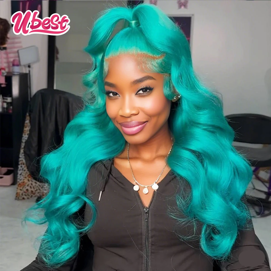 Turquoise Cyan Colored Cosplay Body Wave 13x6 Lace Front Wigs Brazilian 100％Human Hair Transparent Remy Wig PrePlucked For Women