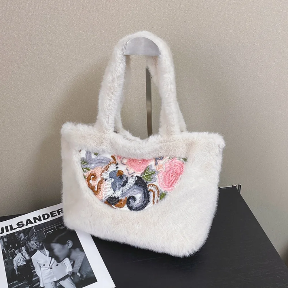 

Fashion Chinese Style Plush Handbag Large Capacity with Magnetic Buckle Plush Tote Bag Flower Silk Plush Change Pouch Winte