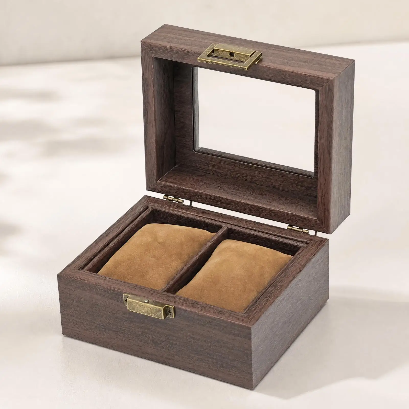 Vintage Watch Box with Glass Lid PU Leather Retro Watch Storage Case with Metal Clasp Compact for Dresser, Bedside Table, Gift