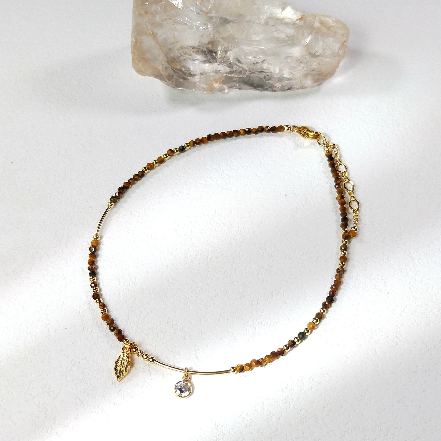 Lii Ji Natural Obsidian Tiger Eye Eagle Eye 2mm American 14K Gold Filled Charms Anklet 24+3cm