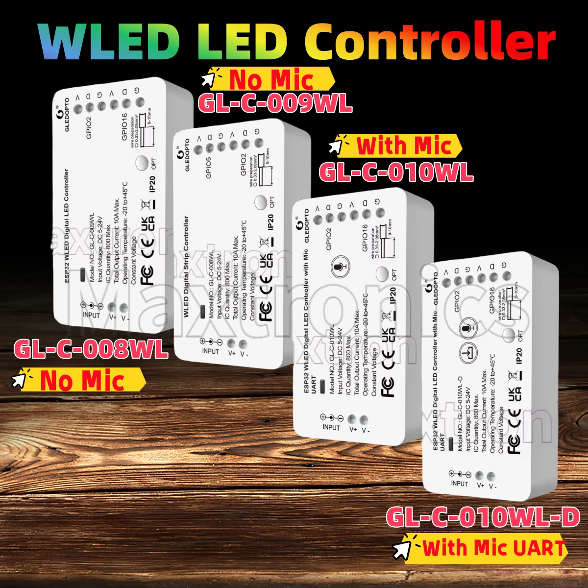 Music Modes WLED LED Controller GL-C-008WL/GL-C-009WL/GL-C-010WL/GL-C-010WL-D Built Mic Alexa Home Assistance APP Voice Control