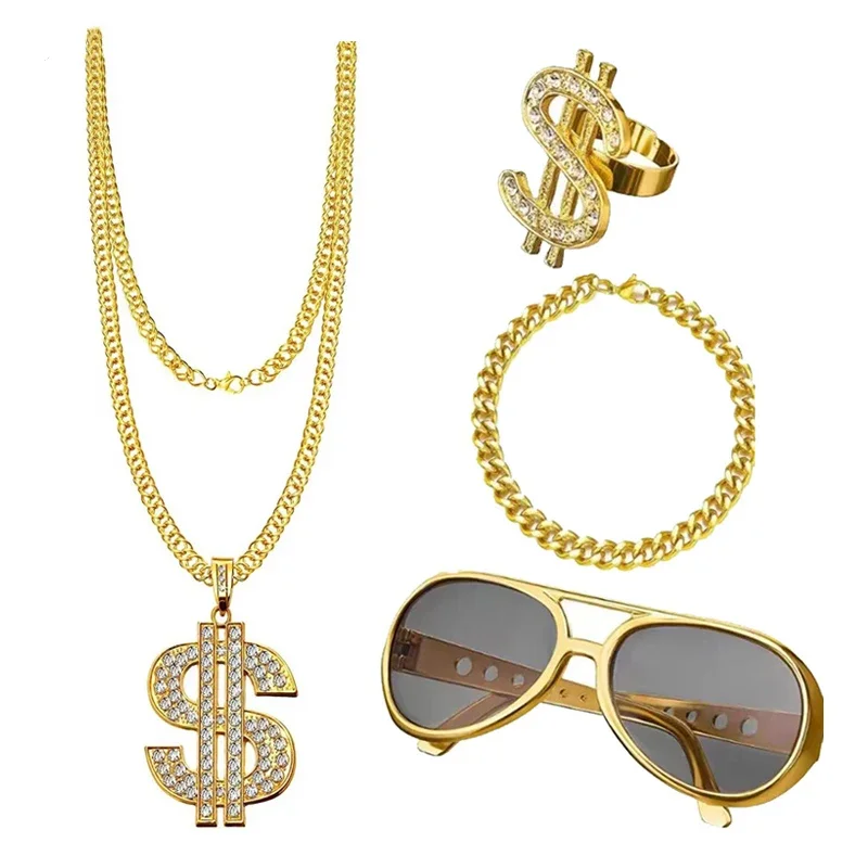 

Fancy Halloween Party Cosplay Costume Props Glasses Bracelet Necklace Ring Hip Hop Stage Dance Rapper Disco Dress Up 4 PCS Set