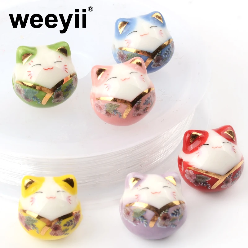 14mm Cute V-neck cat Ceramic Beads Multiple Mixed Colors Loose Beads For Jewelry Making Handmade Diy Porcelain beads Wholesale