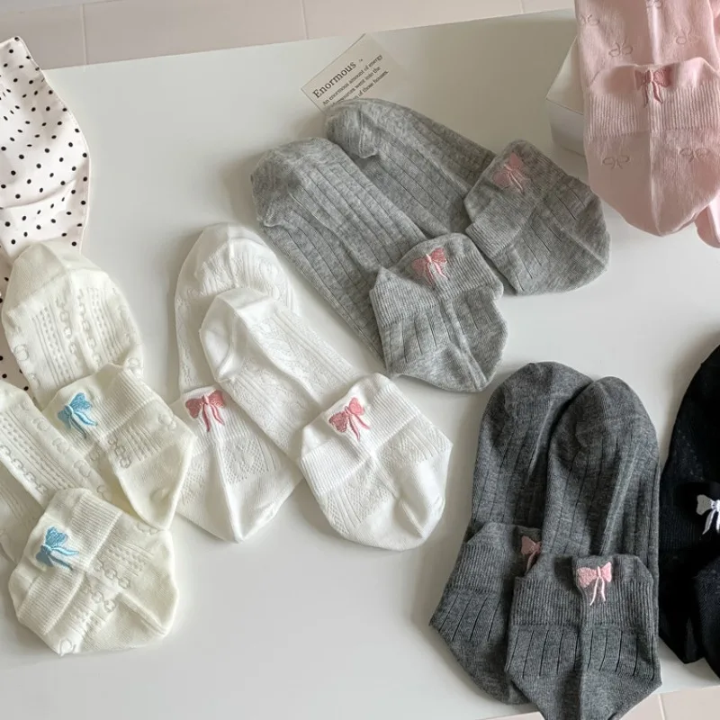 

1/6 Pairs Summer New White Bow Ballet Style Women's Short Socks Thin Mesh Breathable Anti Slip Pure Cotton Short Tube Socks