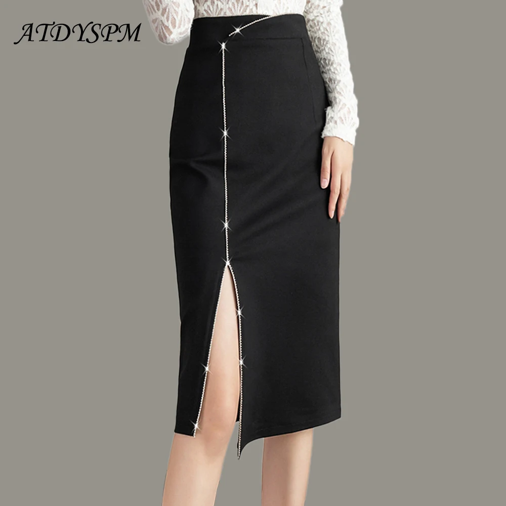 

Womens Skirts Irregular High Waist Package Hip Skirt Sexy Slit Stretch Pencil Skirt With Diamond Office Lady Midi Skirt Black
