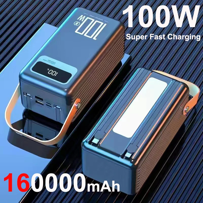 

Power Bank 160000mAh with 2 Cable LED Light 100W Super Fast Charging Powerbank for iPhone Samsung Huawei Xiaomi External Battery