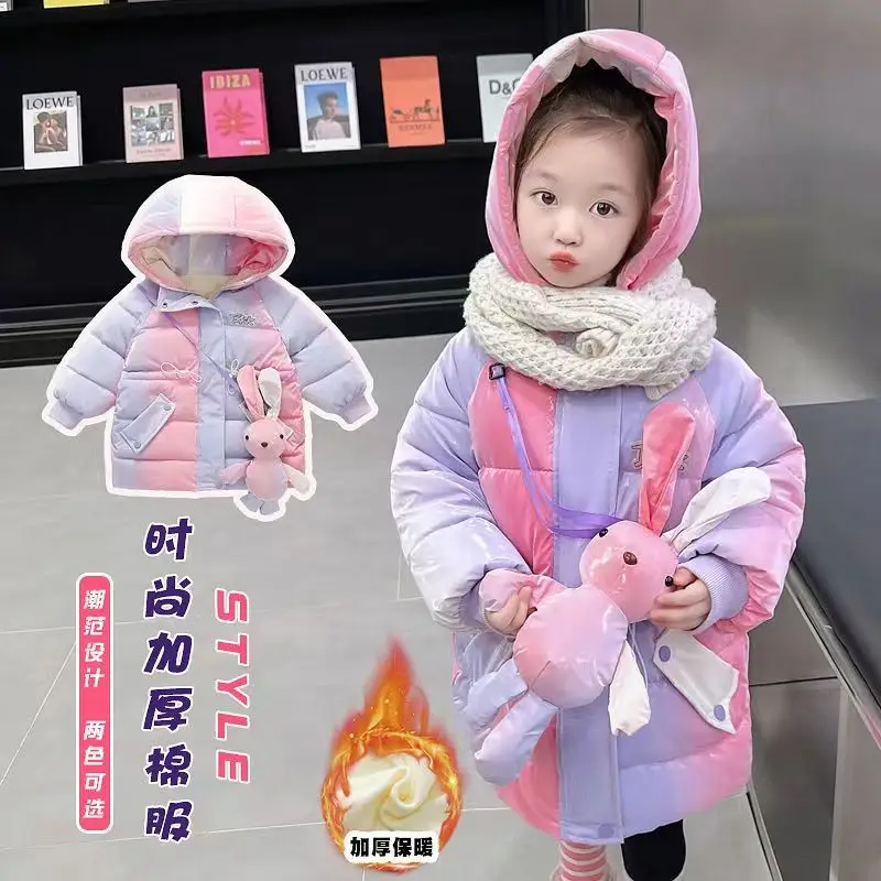 Little Girl's Thickened Cotton Coat Winter New 2023 Toddler Plush Thickened Warm Coat Girl Cartoon Doll Hooded Cotton Coat