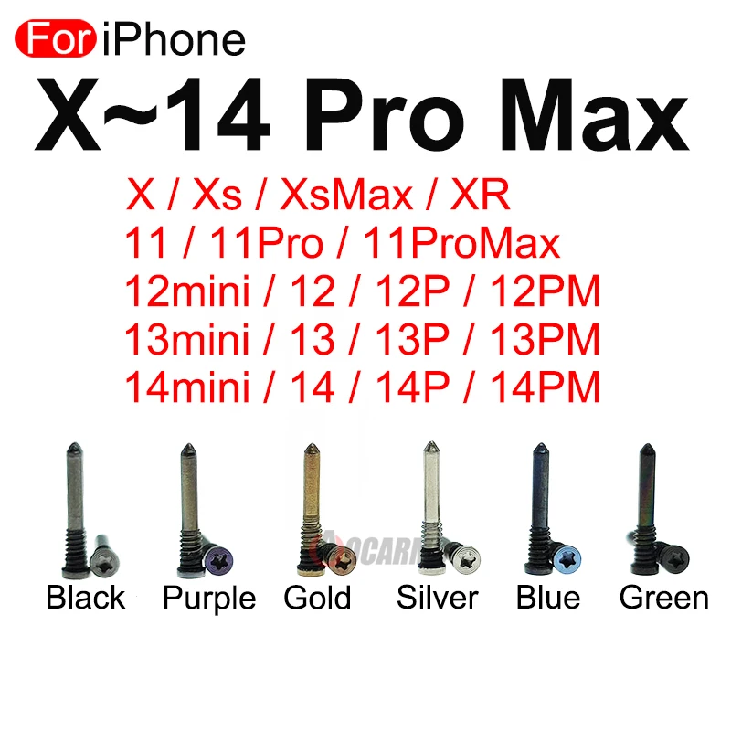 10Pcs/Lot For iPhone X XS Max XR 11 12 13 14 mini Pro Max Bottom Screw Bolts Black Silver Purple Blue Green Gold Replacement