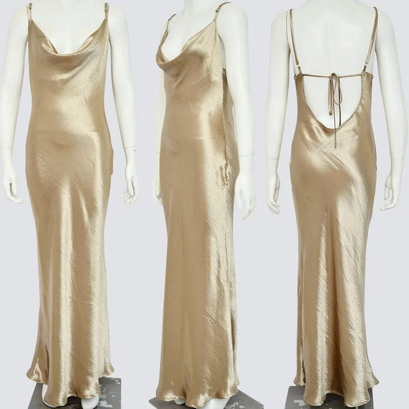 섹시한 새틴 스파게티 스트랩 바디콘 맥시 드레스 여성 이브닝 우아한 나이트 클럽 파티 슬리브리스 백리스 프롬 드레스 베스티도스