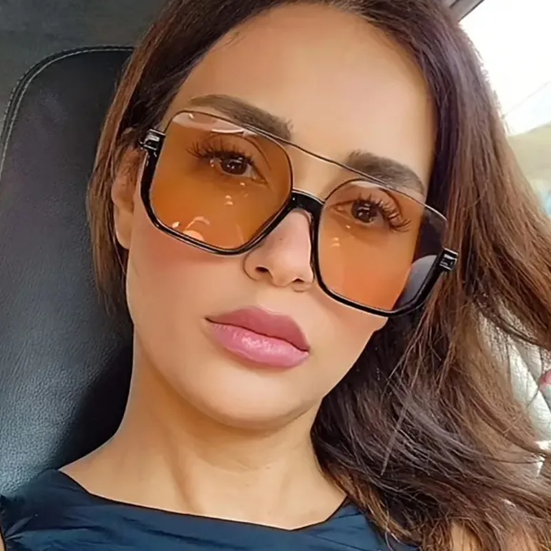 KLASSNUM 2026 Woman Square Fashion Yellow Lens Shades Double-beam Big-frame Sunglasses Half Frame Outdoor Street SnapS Glasses