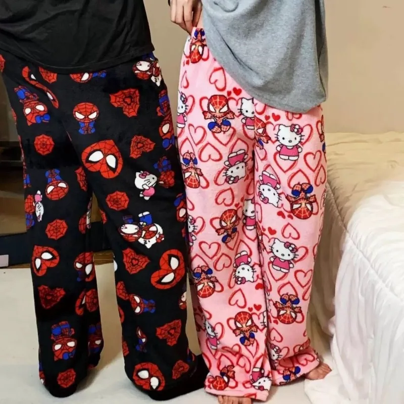 Men Women Hello Kitty Crossover Flannel Pajama Pants Autumn Winter Warm Soft Loungewear Cute Heart Cartoon Couple Home Wear