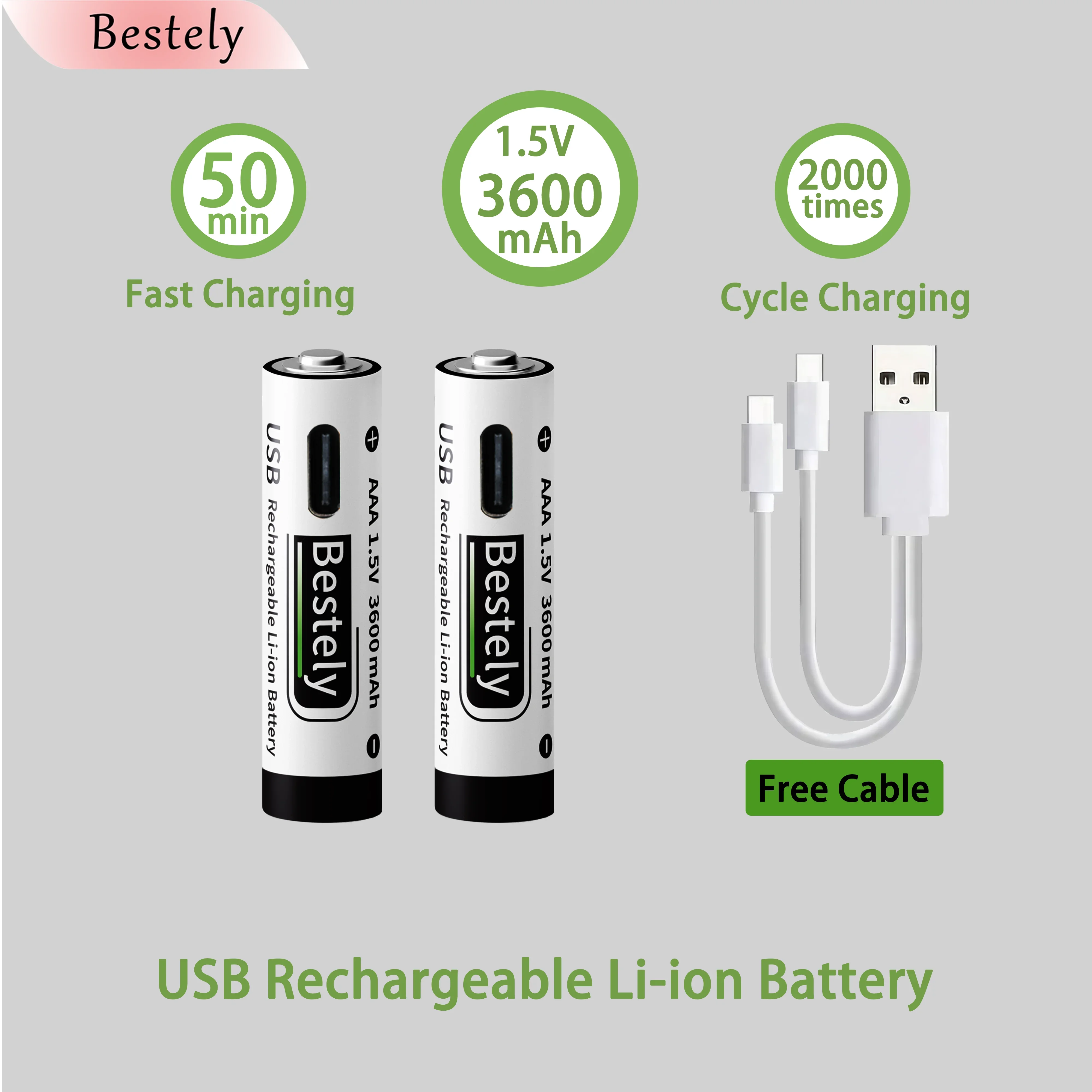 새로운 USB-C 1.5v AAA 3600mAh 충전식 리튬 이온 배터리, 충전식 AAA 리튬 이온 타입-C 배터리, 케이블 포함 2000회 사이클