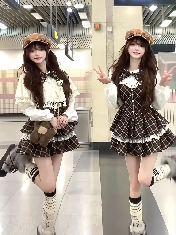 

Sweet Sle Retro Plaid Knot Two-Piece Set Women's Winter Cloak Coat Cake Skirt Set Faionable Casual Outfit