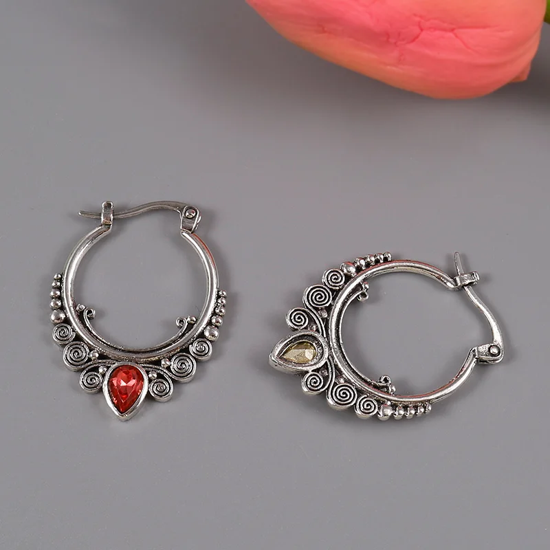 Pendientes de plata de aguja para mujer, aretes de aro de piedra roja, bohemios, joyería de fiesta de compromiso, 925