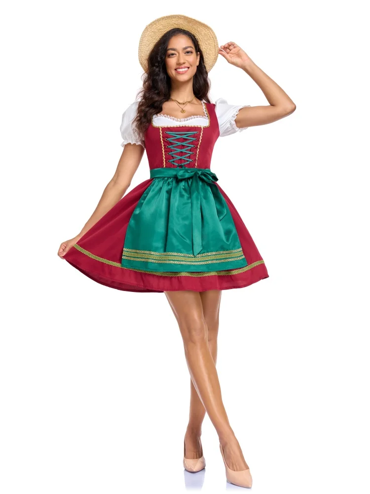 Damen Oktoberfest Puffärmel-Kleid Bayerisches Dirndl Grünes Satin-Schürzen-Outfit Festival Karneval Party Kostüm 2026 – Detail 7