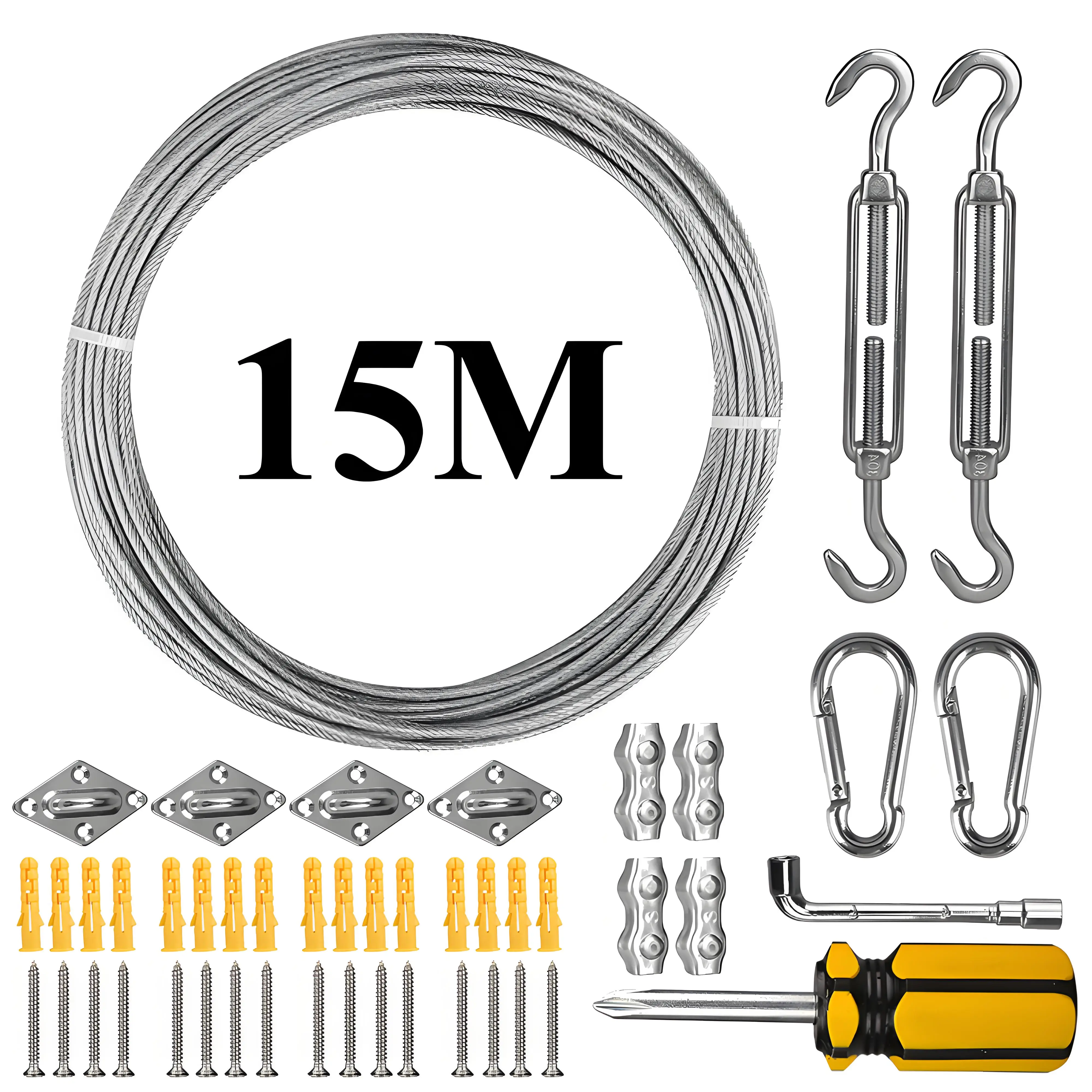 15M Cable Wire 304 Stainless Steel Ropes with Heavy Duty Anti-Rust Hardware Kit for Awning Canopy Wire Clothesline Rustproof Kit