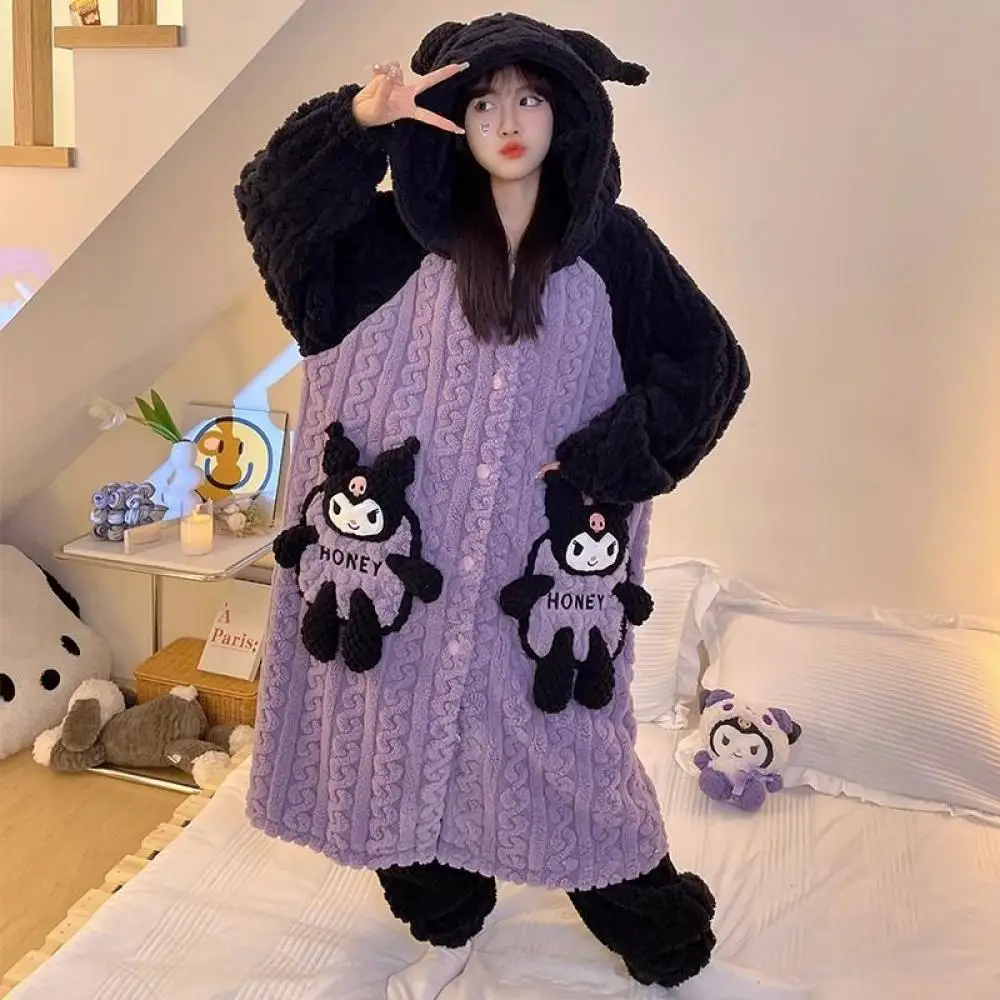 Traje de camisón Kawaii Kuromi para mujer, pijama de manga larga, ropa de casa de dibujos animados, Anime Sanrio, terciopelo Coral, grueso, cálido, Otoño e Invierno