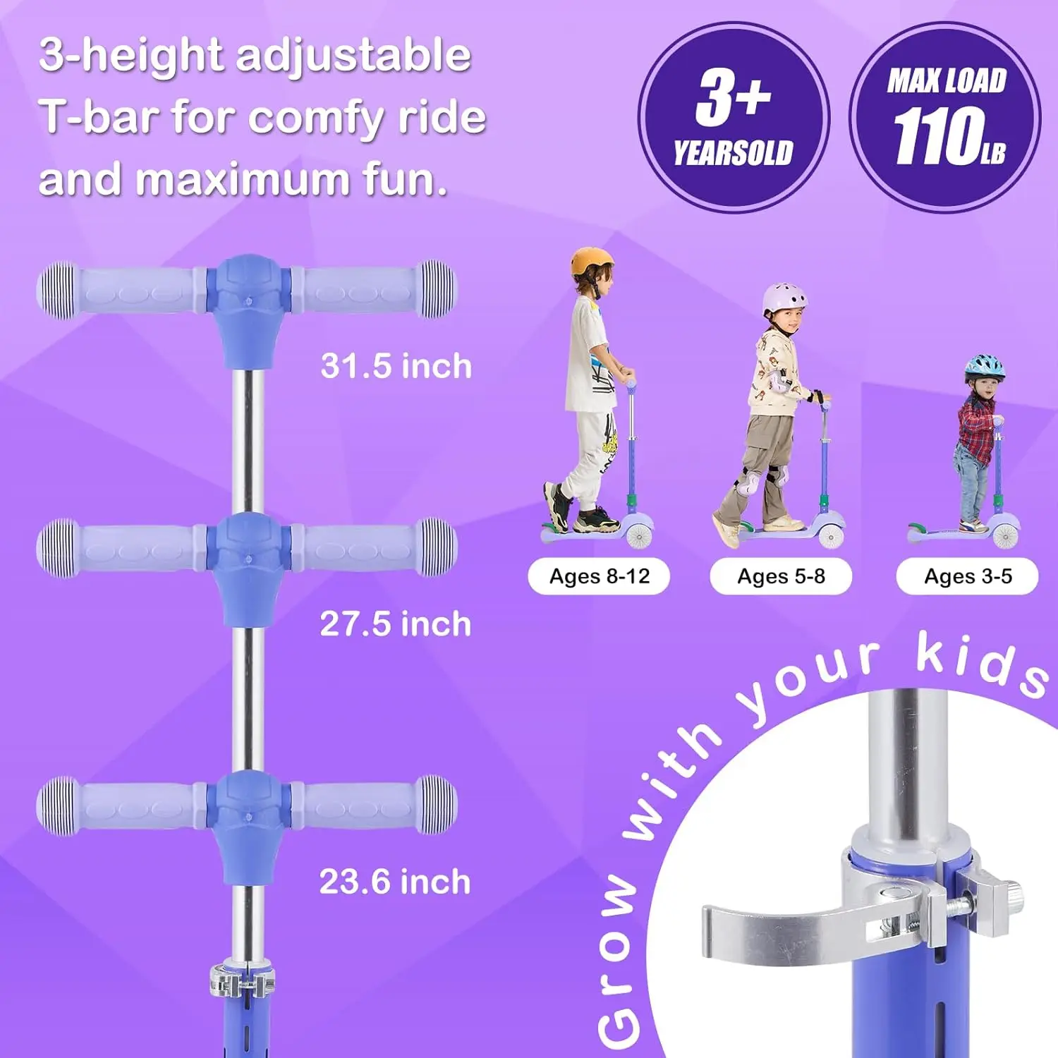 Mise à niveau du scooter lumineux à 3 roues pour enfants, lumières sur la tige et le pont, 20 modèles de lumière différents, trois hauteurs réglables, penché pour se diriger