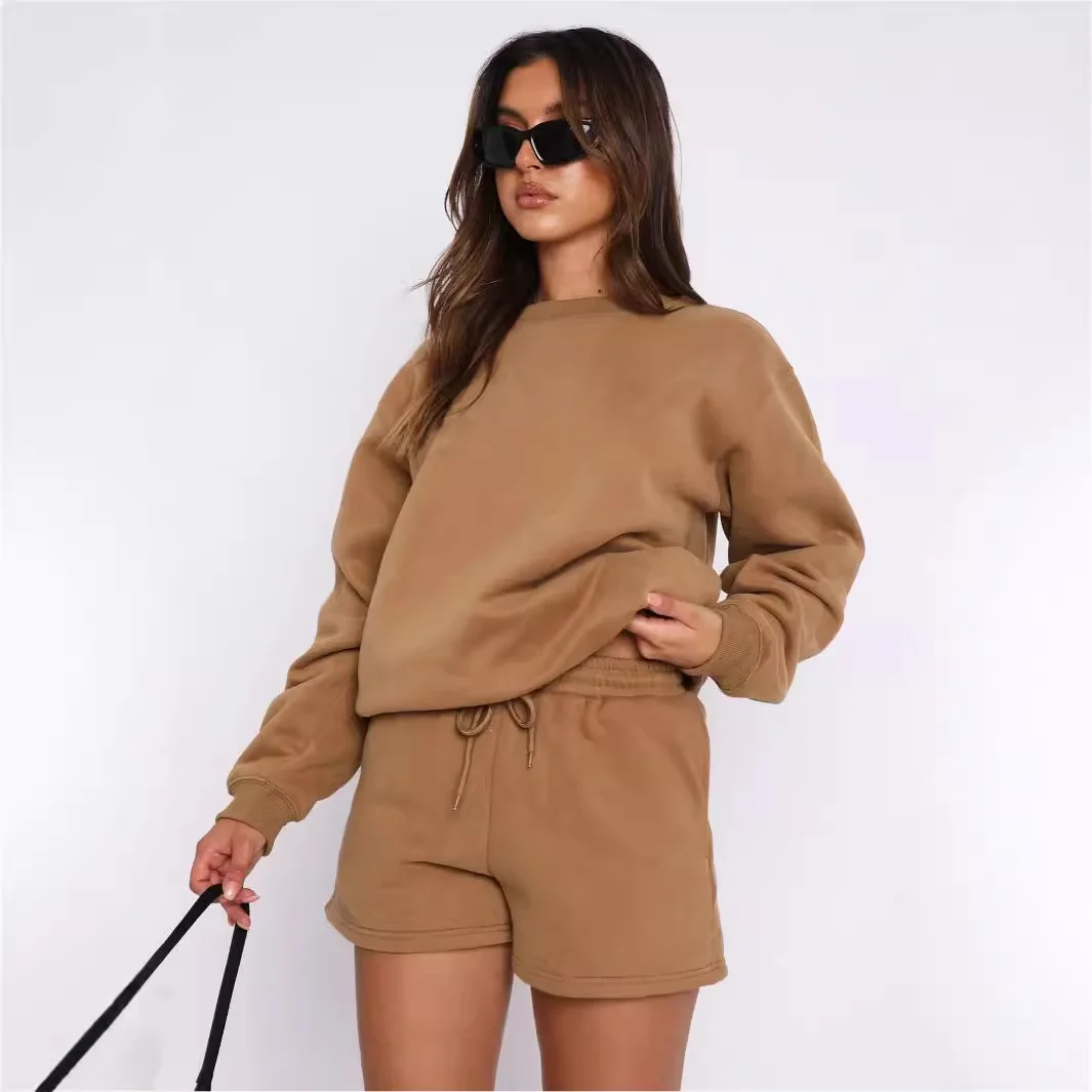 Frauen Trainingsanzug Zwei Stücke Hose Sets Langarm O Neck Sweatshirts Pullover Casual Solide Taschen Kurze Hosen Kordelzug 2025