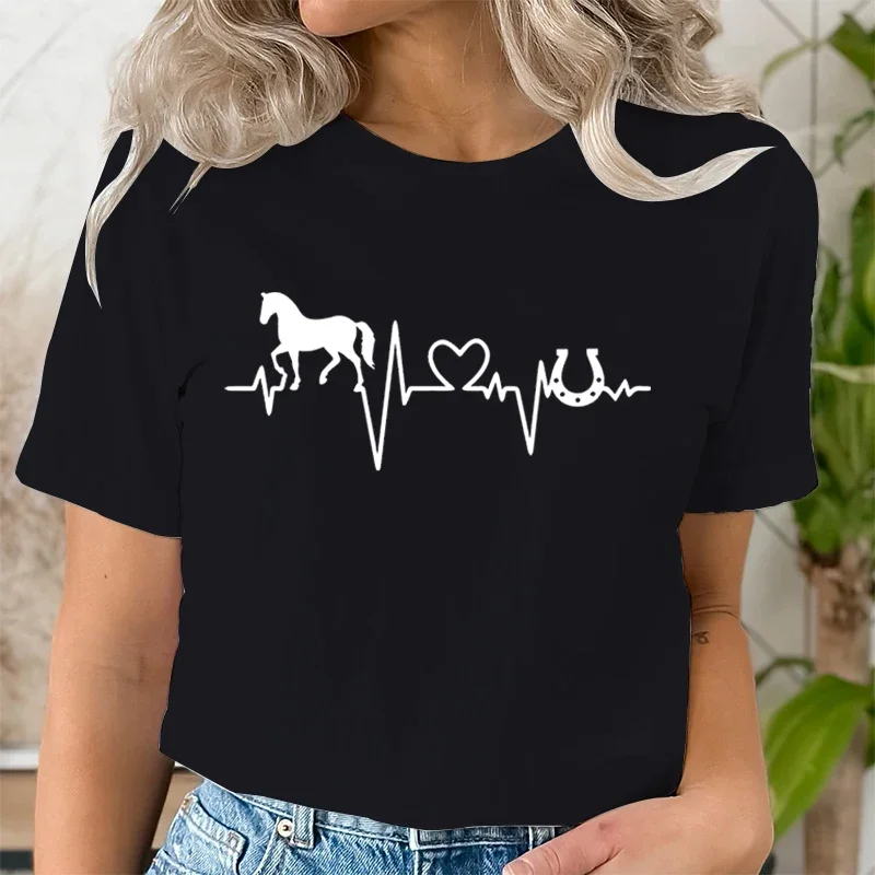 Horse Heartbeat Print T Shirt Women Short Sleeve O-Neck Loose Tshirt Harajuku Fashion Ladies Summer Horse Trend T-shirts Tops