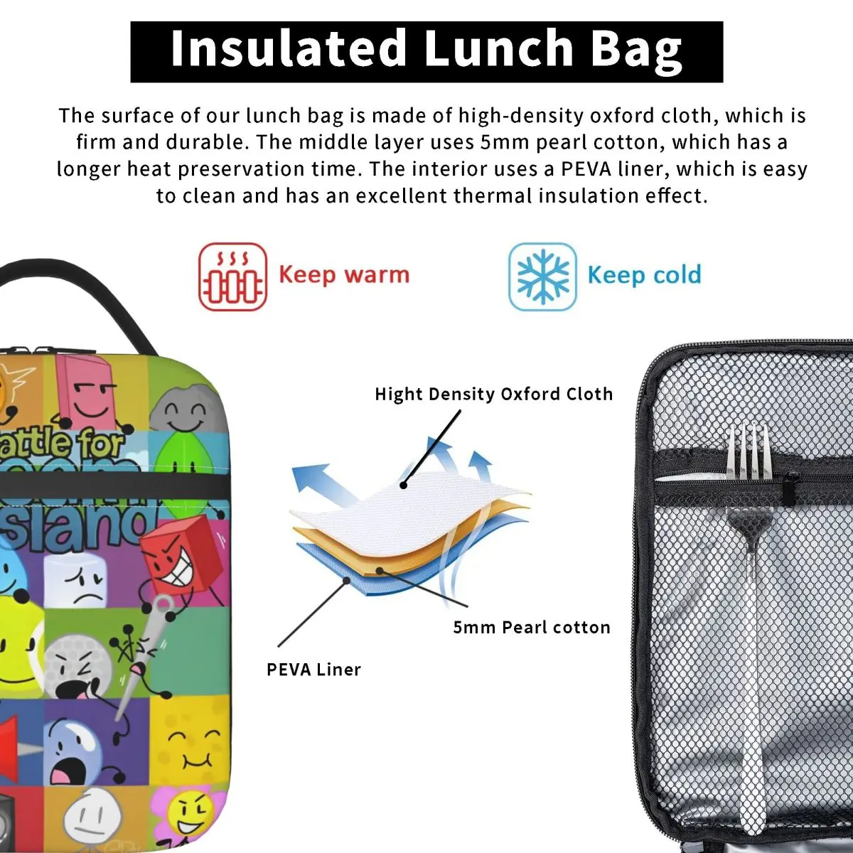 BFDI Cast Photo Inanimates Insanitys Insulated Lunch Bag Leakproof Meal Container Cooler Bag Lunch Box Tote Work Outdoor