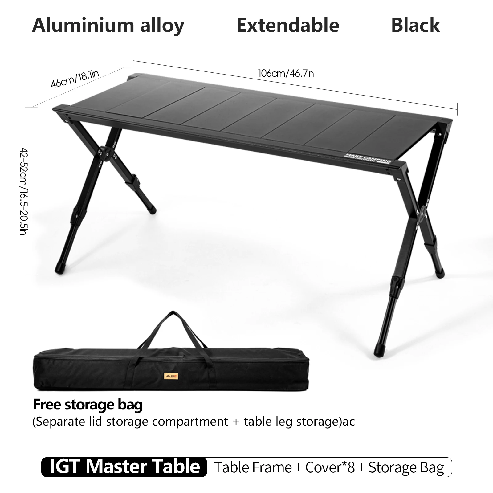 BISINNA Draagbare IGT-kampeertafel Outdoor verstelbare klaptafel Aluminiumlegering Multifunctionele picknickuitrusting