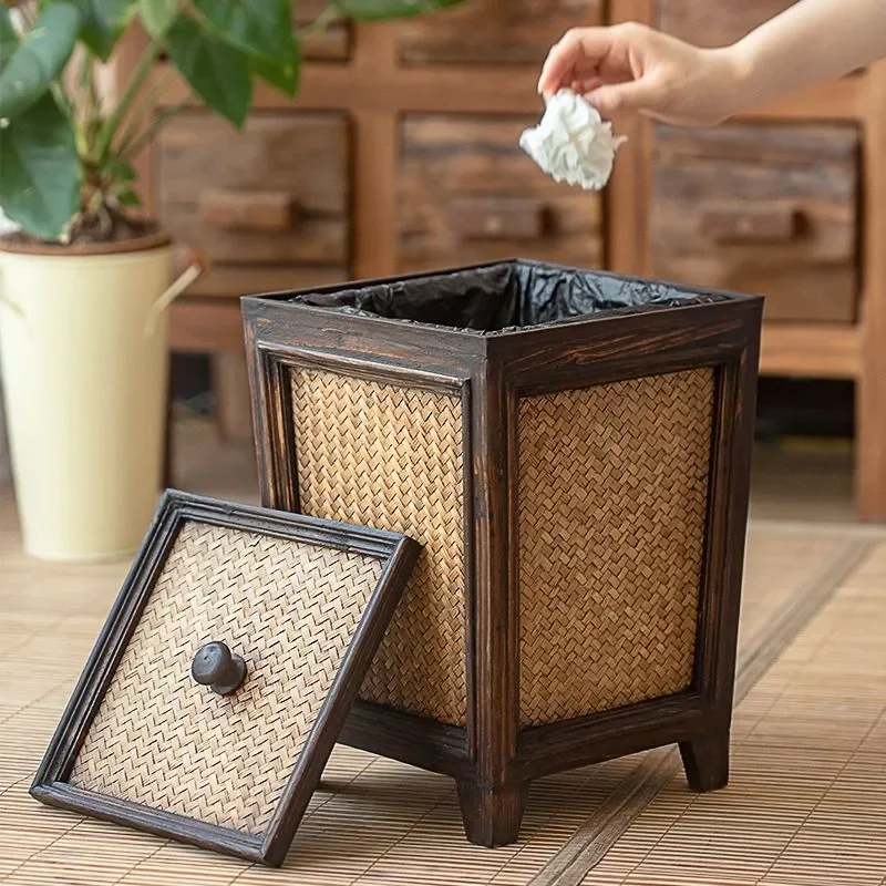 Haven Retro Antique Wooden Trash Can Solid Wood Rattan Living Room Tea Room Household Chinese Kitchen Waste Bin with Lid