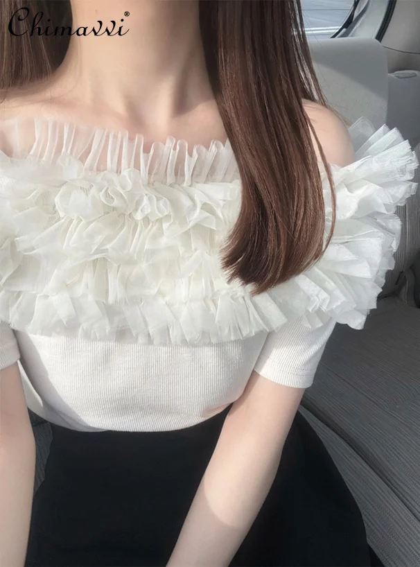 New 2024 Summer Japanese Sweet Girls All-Matching T-shirt for Women Tulle Ruffled Stitching Off-Shoulder Short Knitted Tops