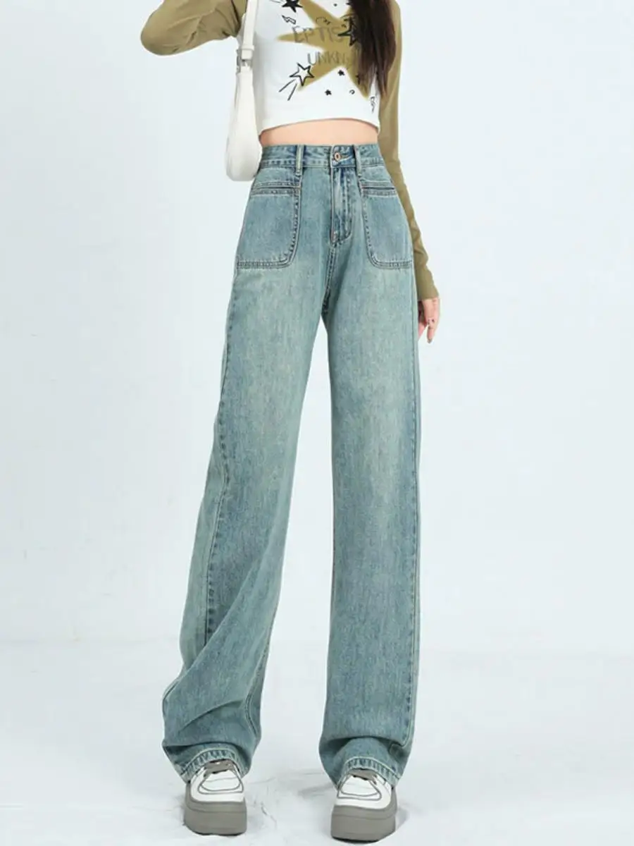 

Американский дизайн: повседневные широкие джинсы из денима для женщин, маленький размер, с высокой талией, свободные, прямые, струящиеся, длинные брюки в пол