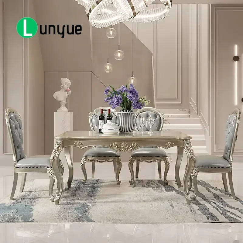European Neoclassical Solid Wood Oval Dining Table Set with 6 Leather Chairs Luxury Finish for Home Dining Room Furniture