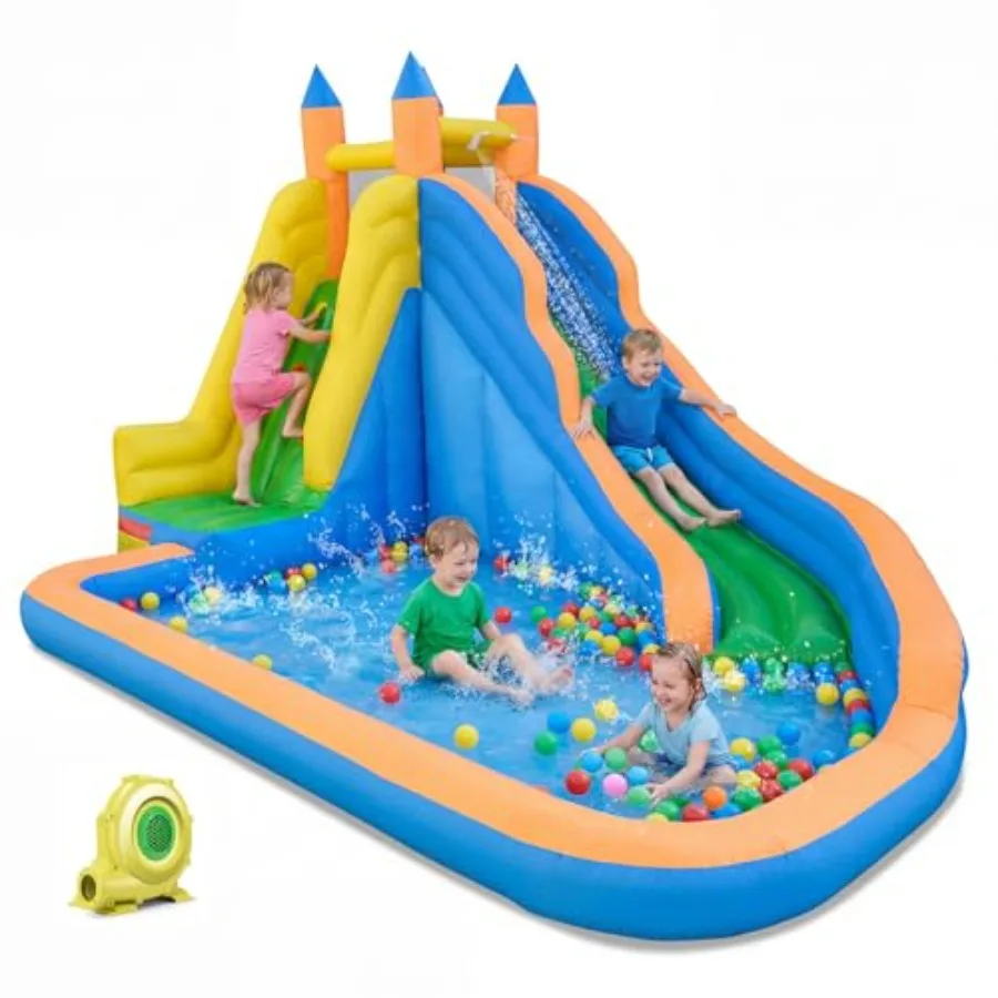

Inflatable Water Slide Giant Bounce House with Long Slide Climbing Wall Splash Pool for Backyard Indoor Outdoor Party Fun w/Blo