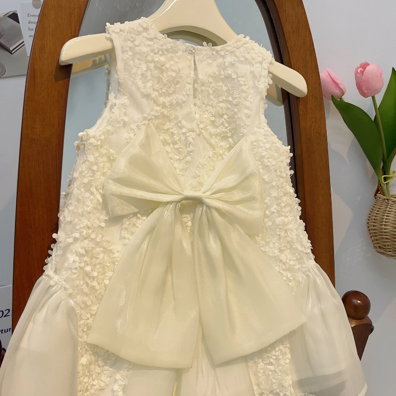 Girls\' Sleeveless Dress Girls\' Summer New Fashion Lace with Bows Solid Color Mesh Dress Ropa De Niña Girls Clothes