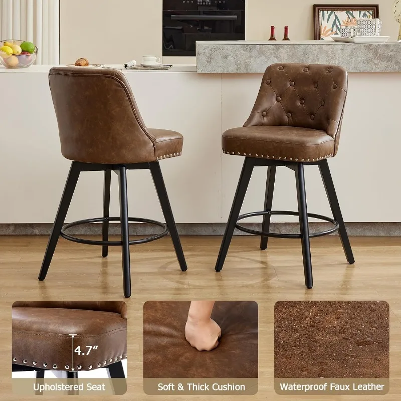 Counter Height Bar Stools Set of 2, Modern Swivel Bar Stools with Back and Wood Legs